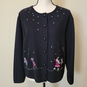 Christopher & Banks L Skater Theme Black Button Embroidered  Cardigan Sweater
